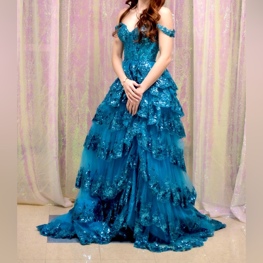 Sherri Hill Teal Off-Shoulder Prom Homecoming Dress 55500 peacock size 0